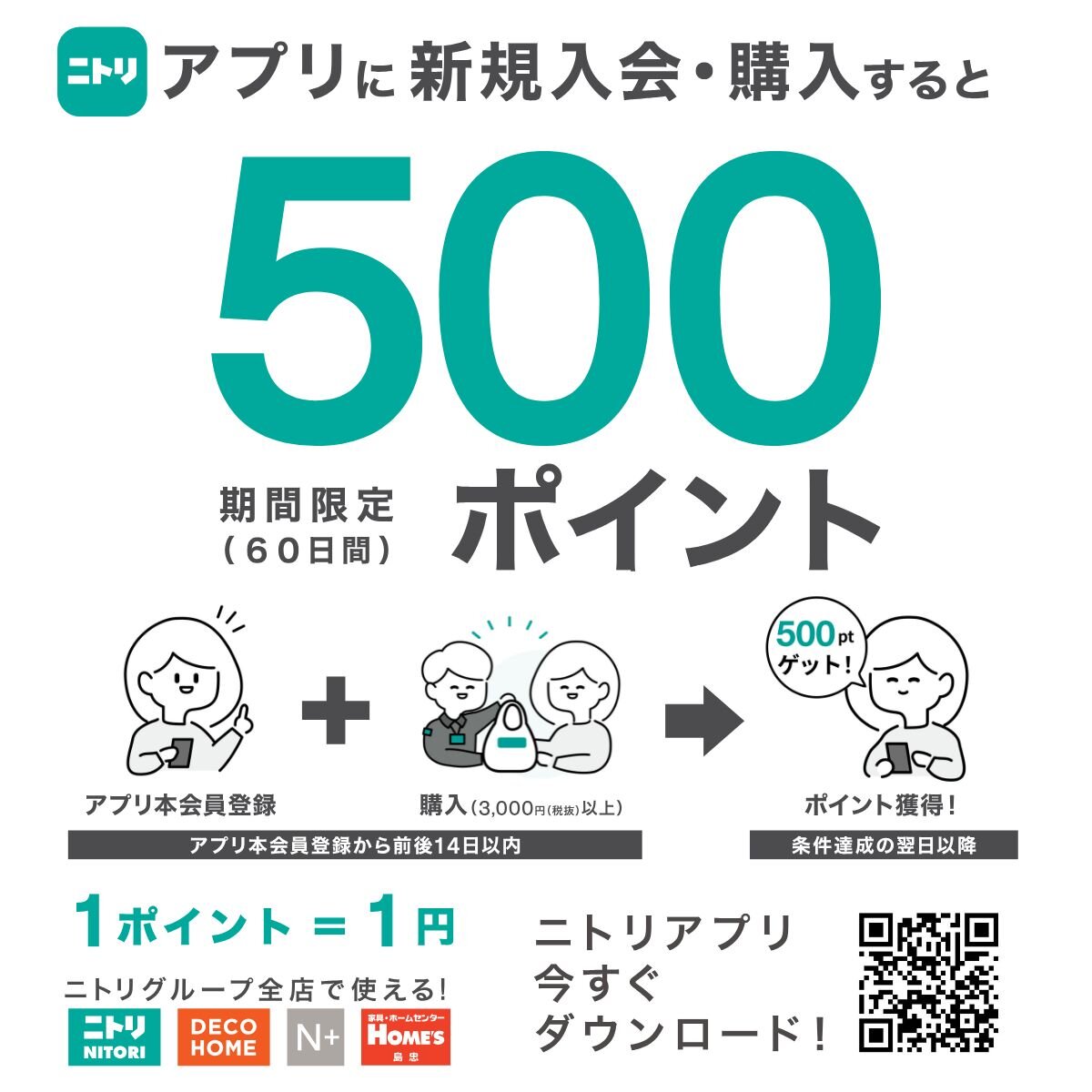 【ニトリ　デコホーム】ニトリアプリに新規入会・購入で500ポイント！